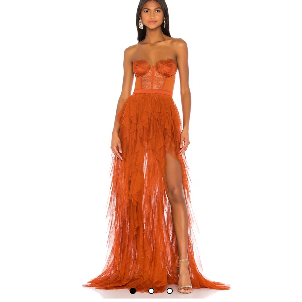 For Love & Lemons Rust Orange Feathered High-Slit Tulle Gown